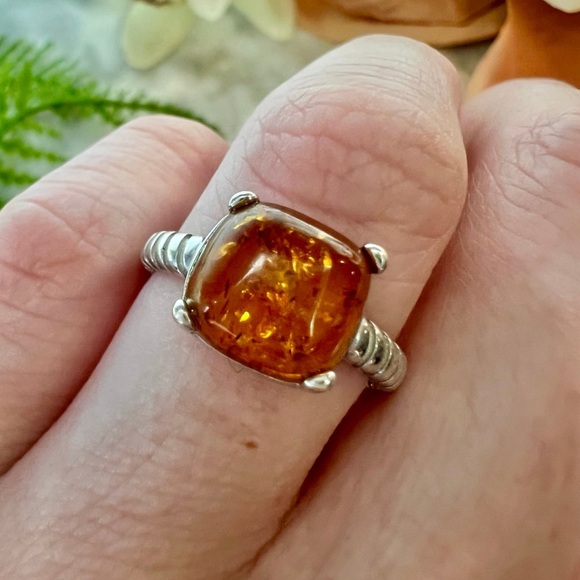 Vintage Designer Baltic Amber Ring. Cable Band Solid 925 Sterling Silver - Picture 6 of 16
